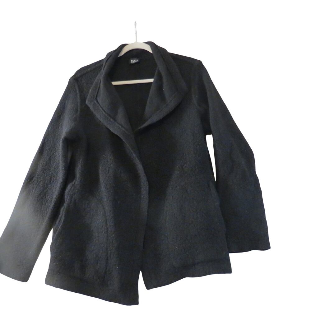 Eileen Fisher Womens Black Wool Blend Textured Open Front Jacket Cardigan